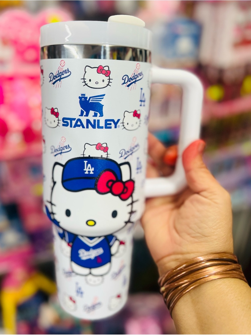 Stanley White Travel Mug with Blue and Pink Hello Kitty Dodgers Artwork